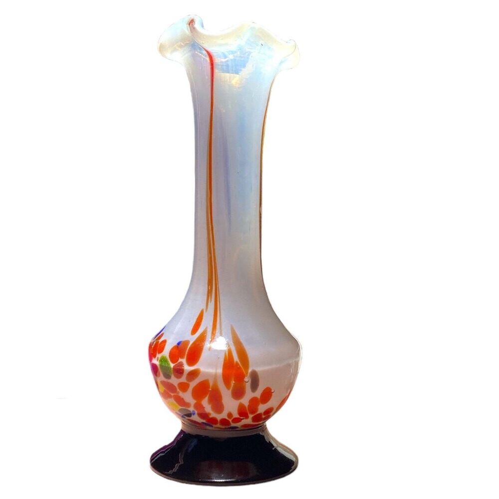 Hand Blown Art Glass Vase 8" Iridescent Ruffled Top Red Orange Abstract Floral